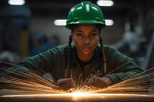 Female african american worker intensely focused while welding with bright sparks flying, women at