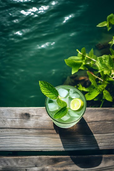 Classic mojito with fresh mint leaves resting on a weathered wooden dock calm lake waters