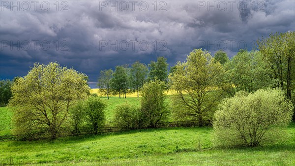 Dark storm clouds over a spring-like landscape with bright green trees and fields, Wuelfrath,