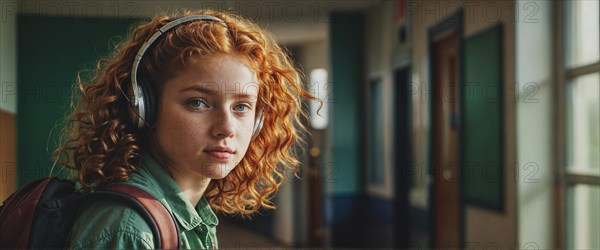 A thoughtful teenage redhead ginger girl with curly hair and frekles wearing headphones in a school