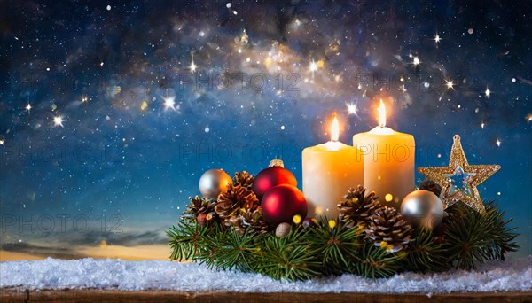 Ai generated, Advent wreath with burning candles, Christmas time, Christmas decoration, 2nd Advent,