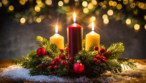 Ai generated, Advent wreath with burning candles, Christmas time, Christmas decoration, 3rd Advent,