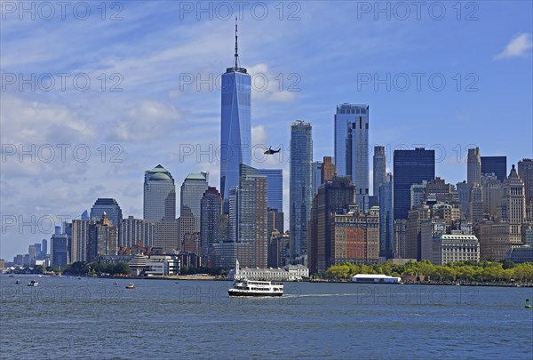 Skyline with skyscrapers, Financial District, helicopter in front of One World Trade Centre or