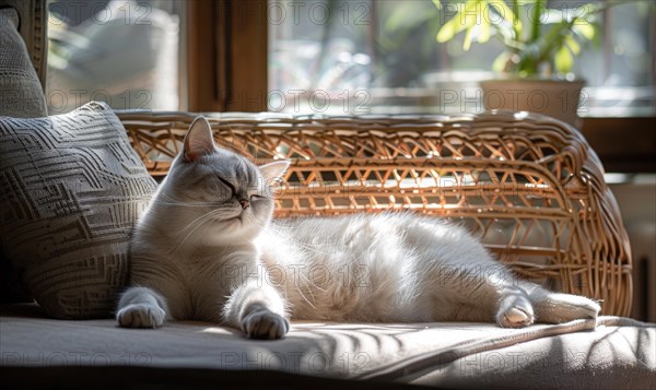 A relaxed cat enjoying the sunlight on a cozy wicker chair indoors AI generated