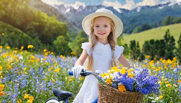 KI generated, A blonde girl rides her bike and enjoys the summer in a meadow with many flowers,