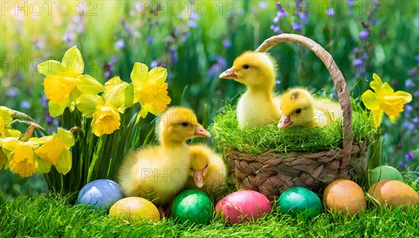 Ai generated, An Easter basket with coloured eggs in a meadow with colourful flowers, four goslings