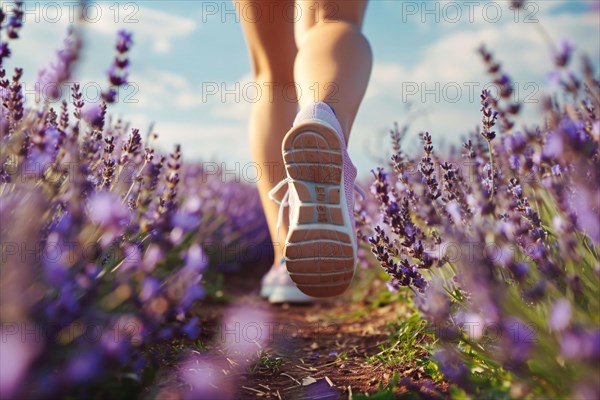 Back view of woman's legs with sport shoes jogging in through vield of purple lavender flowers. KI