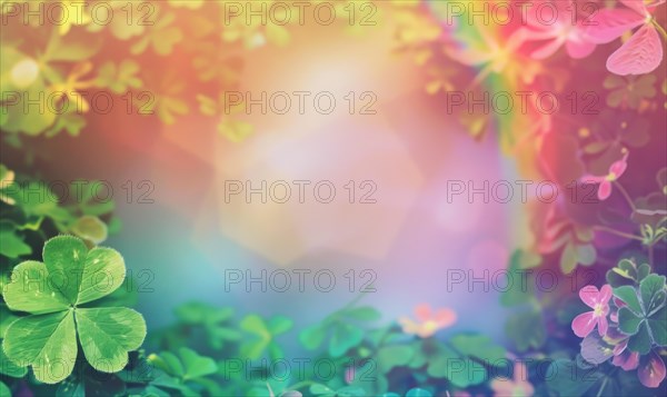 Glowing sunlight filters through vibrant green clovers with soft pink details, creating an ethereal
