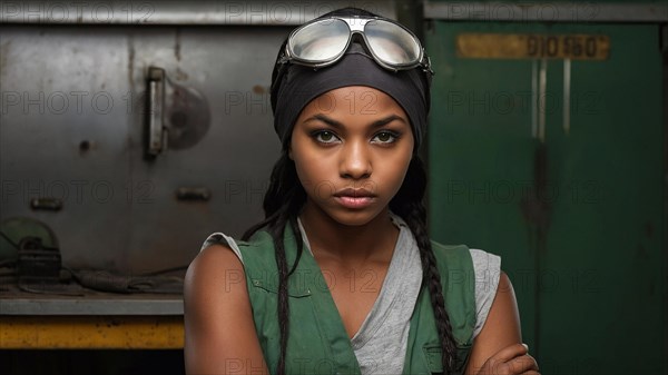 A confident young woman with pilot goggles stands in a vintage-style workshop, feminine power and