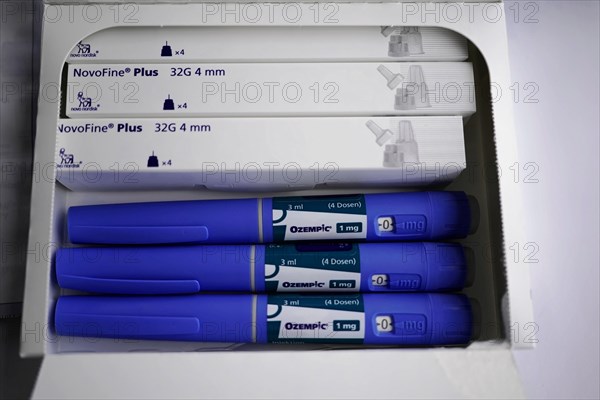A pack of Ozempic insulin pens and NovoFine needles, medical equipment, for diabetes 2 patients,