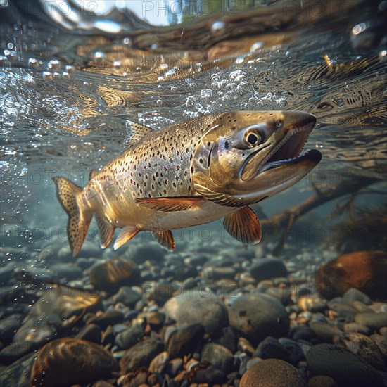 Salmon (Salmo salar) on the migration and swim up a stream in shallow, clear water, ai generiert,