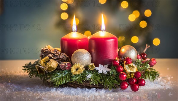 Ai generated, Advent wreath with burning candles, Christmas time, Christmas decoration, Second