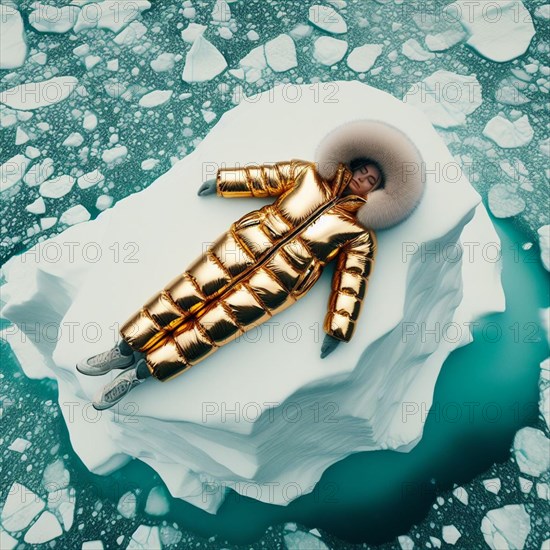 Woman in yellow golden puffer jacket lies on a block of ice alone in the middle of the ocean sea.