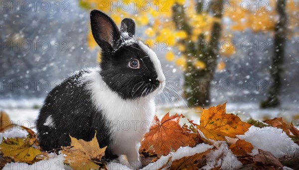 KI generated, A black and white dwarf rabbit in a meadow with autumn leaves, onset of winter, ice,