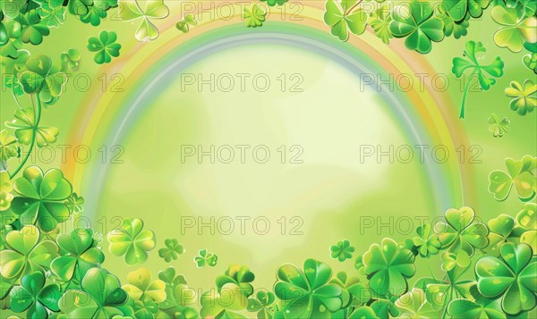 Soft-focused clovers frame a rainbow, creating a calming and dreamy circular green pastel scene AI