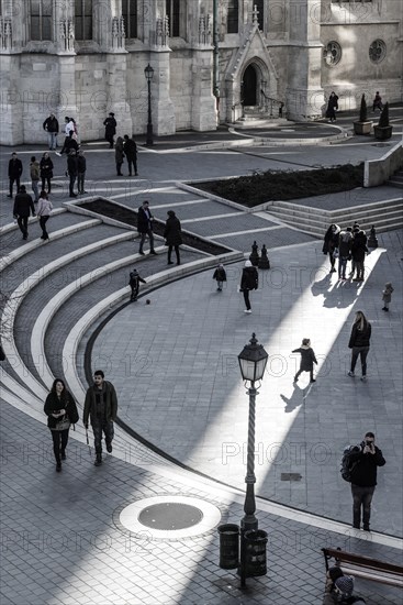 Sunlight floods the inner courtyard of the Fisherman's Bastion, travel, city trip, tourism, light,