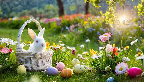 Ai generated, An Easter basket with coloured eggs in a meadow with colourful flowers, in the basket