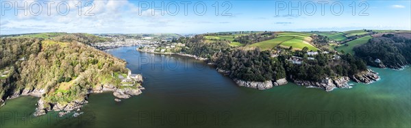 Panorama of Dartmouth Castle and Kingswear Castle over River Dart from a drone, Dartmouth,
