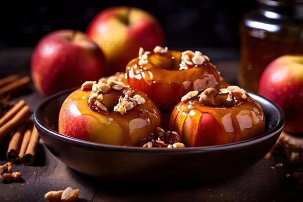 Warm baked apples stuffed with cinnamon nuts and honey cascading with spiced maple syrup, AI