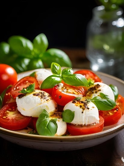 Caprese salad featuring ripe tomatoes embracing buffalo mozzarella fresh basil leaves perched on
