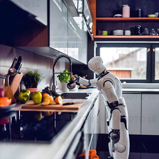 A modern robot works in a bright clean kitchen and fills water into a metal jug, AI generated, AI