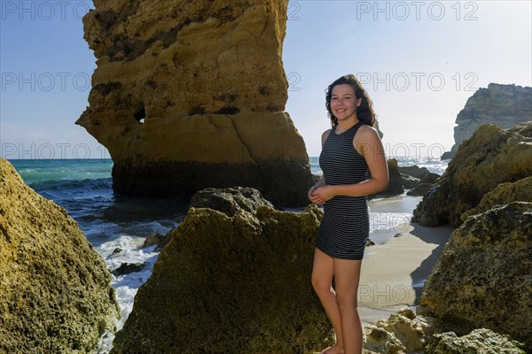Young woman on summer holiday, emotion, rock, distance, view, sun, summer, summer holiday, holiday