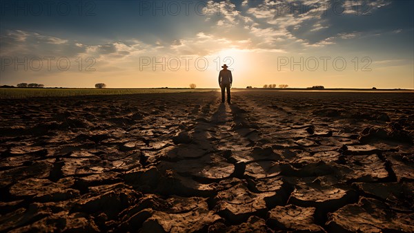 Dry cracked soil consuming a failing agricultural crop field forlorn farmer standing at the edge,