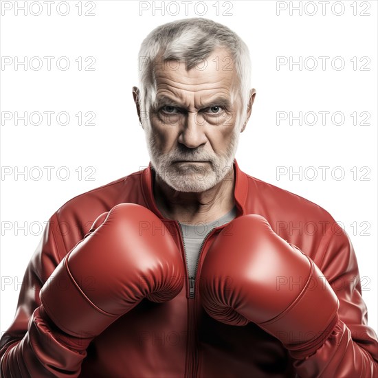 An older man with boxing gloves looks confidently and resolutely into the camera, symbolic image