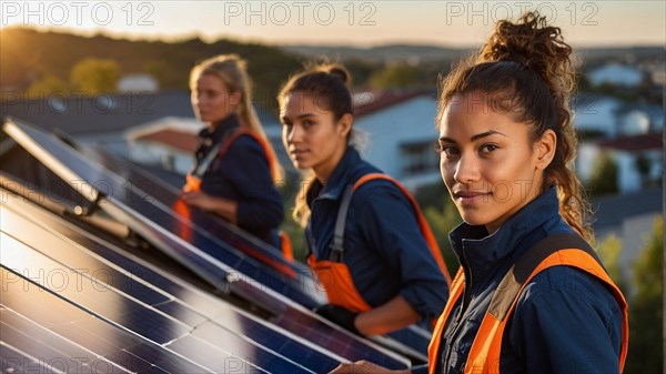 Team of solar panel technicians on a roof at dusk in a residential neighborhood, blurry selective