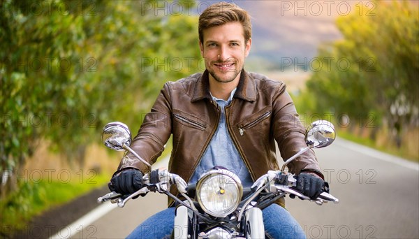 AI generated, EA young man rides his motorbike through an autumn landscape
