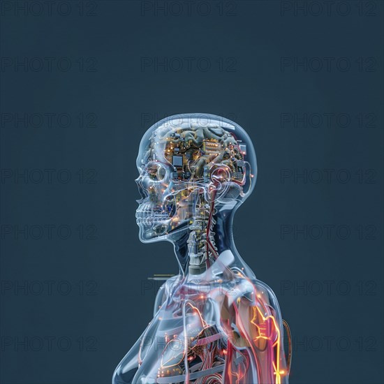Medical a human head with brain and computer chip, symbol image KI in the human brain, ai