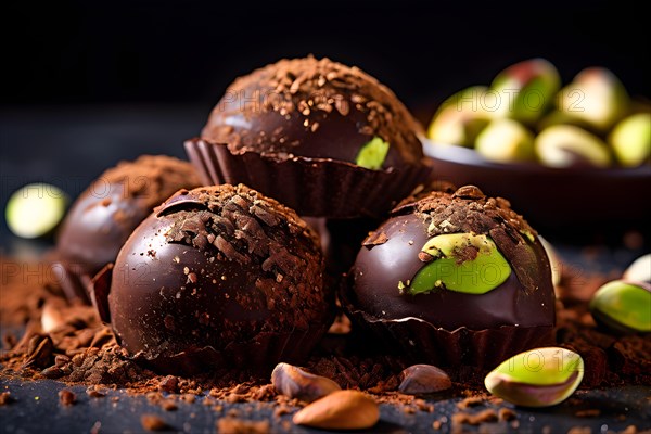 Vegan dark chocolate and almond truffles cocoa powder dusting nestled in crushed pistachios, AI