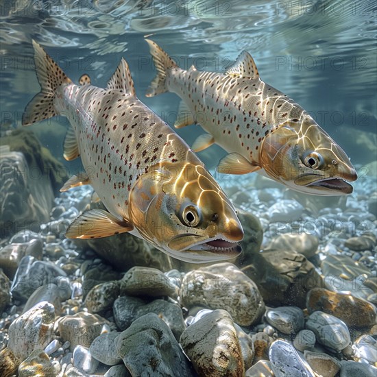 Salmon (Salmo salar) on the migration and swim up a stream in shallow, clear water, ai generiert,