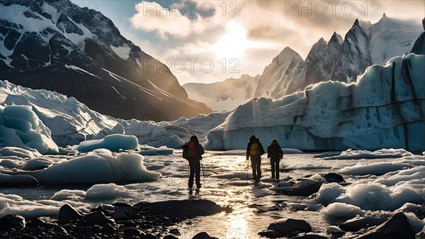 Tourists clad in vivid cold weather attire exploring the melting glaciers their expressions, AI