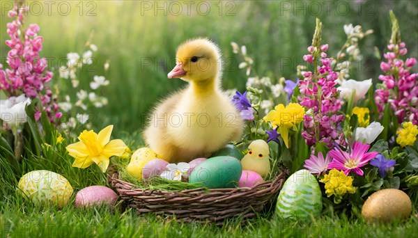 Ai generated, An Easter basket with coloured eggs in a meadow with colourful flowers, in the basket