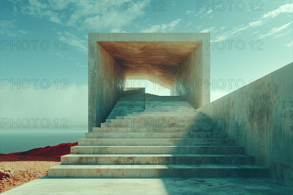Minimalist concrete staircase with a textured finish under a clear sky in a desert landscape, AI