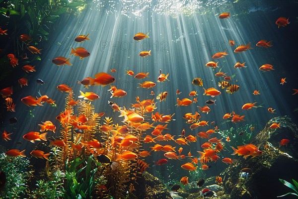 Sunrays filter through water onto a tranquil scene with orange fish and aquatic plants, AI