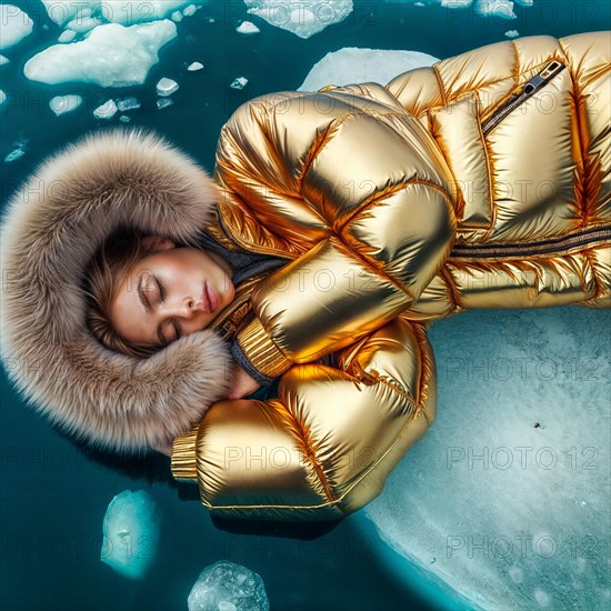 Woman in yellow golden puffer jacket lies on a block of ice alone in the middle of the ocean sea.