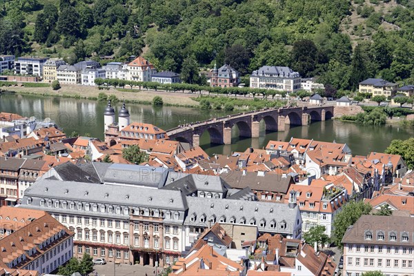 Historic stone bridge over a river (Neckar), with neighbouring riverside houses, Heidelberg,