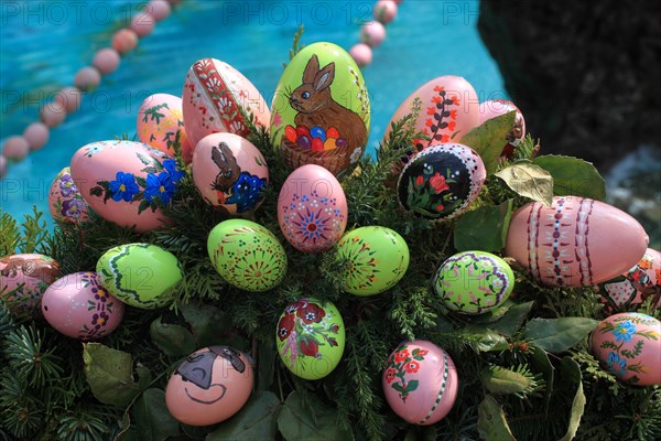 Detail of an Easter fountain in Franconian Switzerland, Bamberg district, Upper Franconia, Germany,