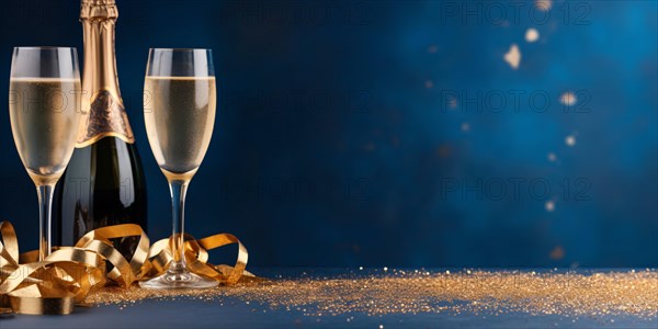 Banner with champagne glasses and bottle and goldne confetti and paper streamers on blue background
