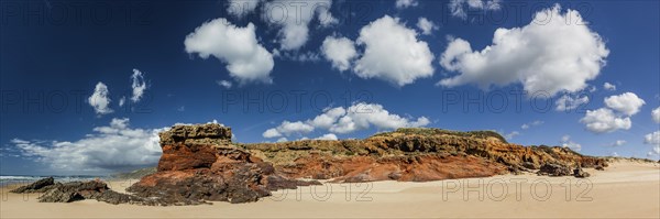 Algarve beach, wide, red rock, rocky coast, nobody, panorama, clear, blue sky, cloud, summer