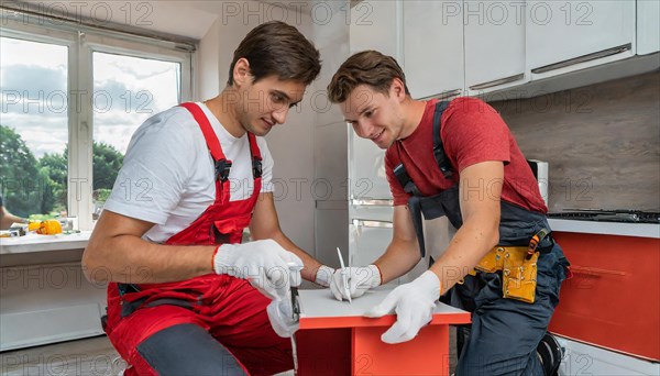Ki generated, Two young men assemble furniture, DIY, wear gloves to protect hands from splinters