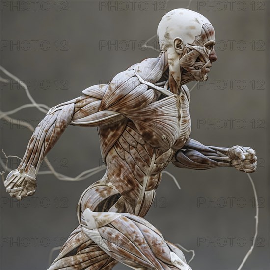 Detailed model of a walking movement with visible muscle anatomy and integrated branches, AI