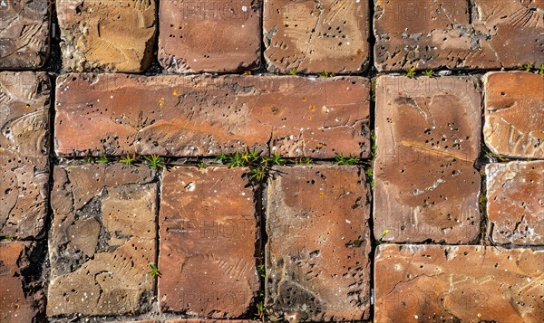 Terracotta paving stones form a textured ground surface with a classic weathered brick pattern AI