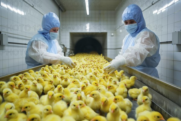 Male chicks on a conveyor belt. In poultry production, chick killing or chick shredding refers to