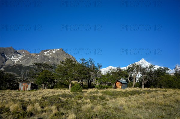 Shelters at the base camp of Cerro San Lorenzo, Perito Moreno National Park, Patagonia, Argentina,