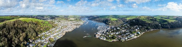 Panorama over Dartmouth and Kingswear over River Dart from a drone, Devon, England, United Kingdom,