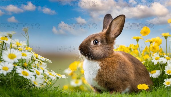 KI generated, A colourful dwarf rabbit in a meadow with white and yellow flowers, spring, side