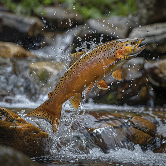 Salmon (Salmo salar) on the migration and swim up a stream in shallow, clear water, ai generiert,